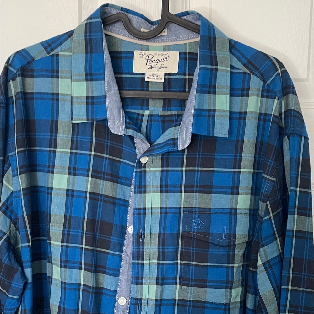 Penguin Men's Casual Blue Plaid Button Down Shirt